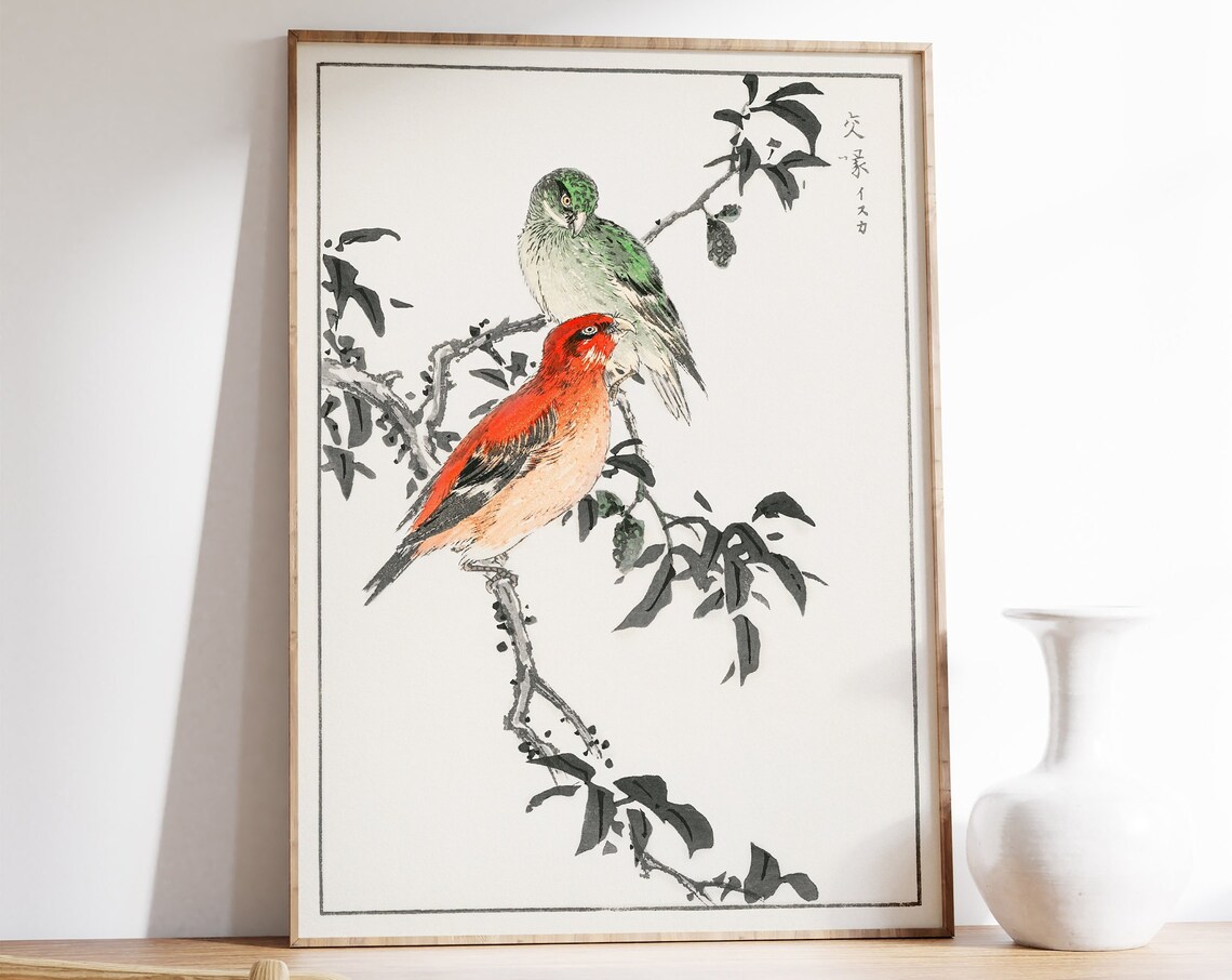 Japanese Songbirds Ink Branch Vintage Woodblock Style Poster