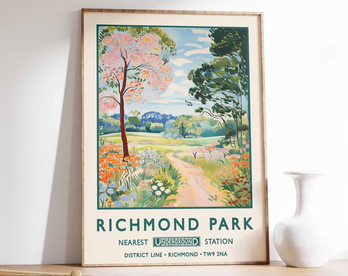 Richmond Park District Line Vintage London Flower Travel Poster