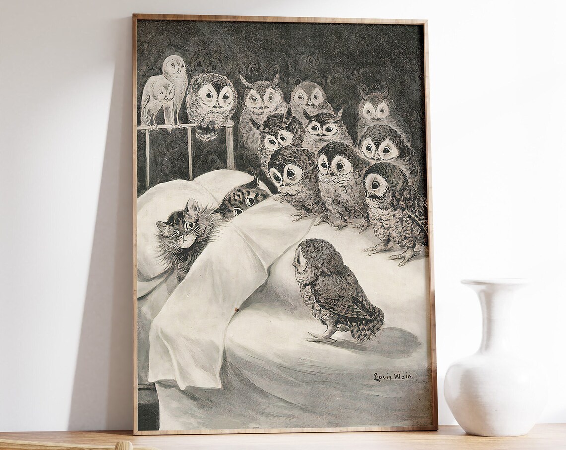 Louis Wain Owls and Cats Classic Vintage Black White Art Print