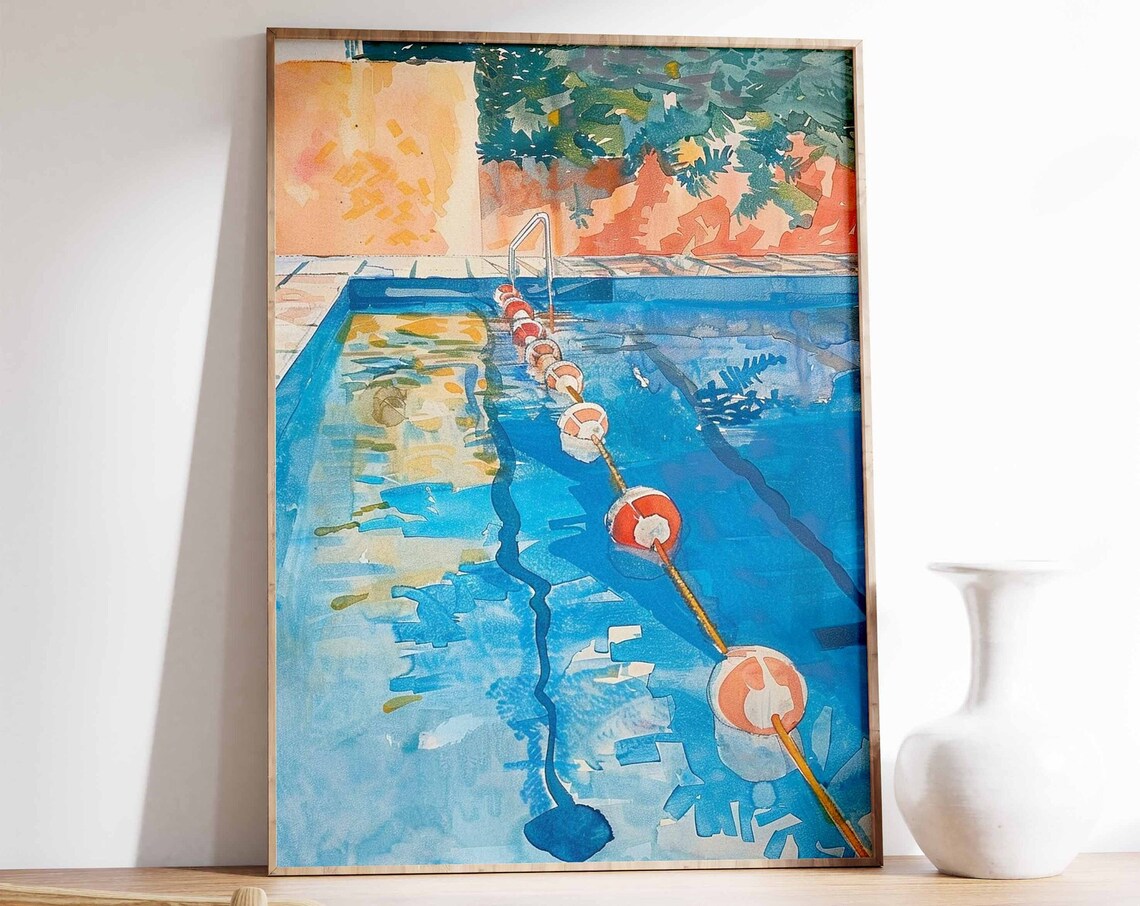 Watercolor Swimming Pool Lane Buoys Sunlit Impressionist Poster