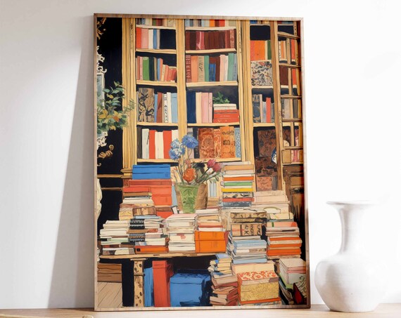 Vintage Library Tall Bookshelves Stacked Books Reading Poster