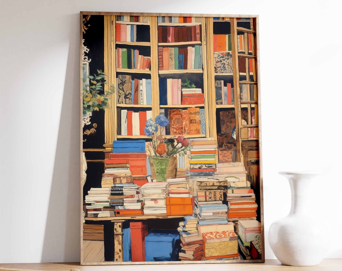 Vintage Library Tall Bookshelves Stacked Books Reading Poster