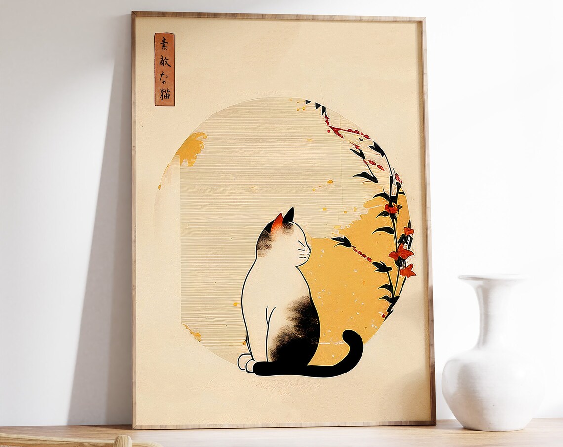 Japanese Cat Poster, Vintage Oriental Cat Art Print