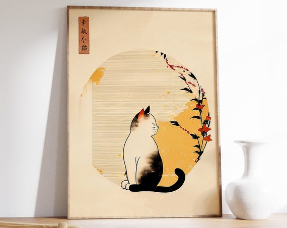 Japanese Cat Poster, Vintage Oriental Cat Art Print