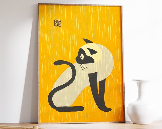 Japanese Siamese Cat Woodblock Style Gold Background Art Poster