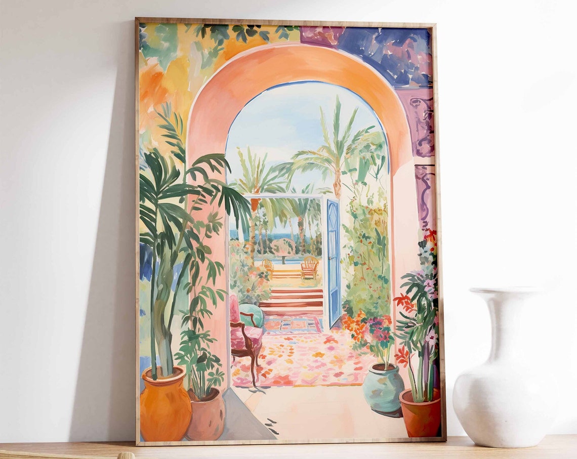 Moroccan Arabic Archway Palm Garden Watercolor Art Wall Poster