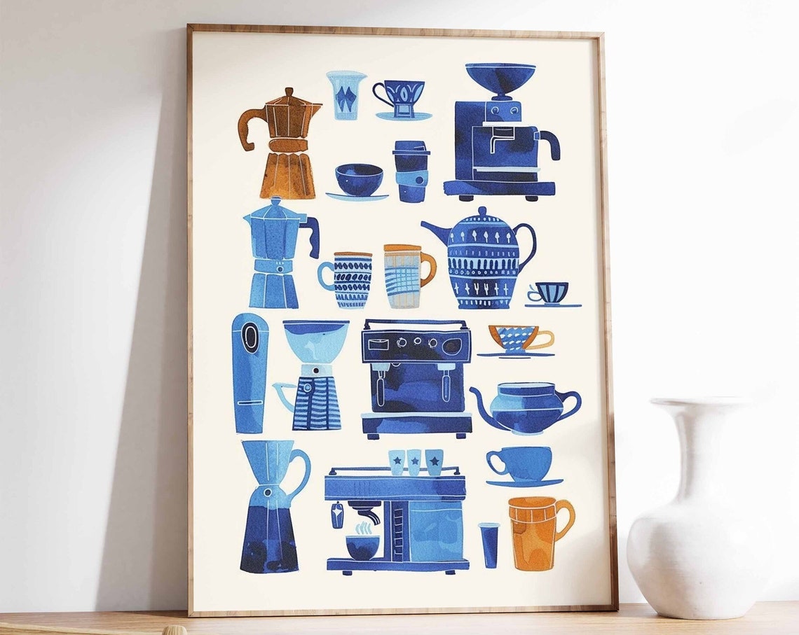 Retro Coffee Maker Moka Pot Chart Blue Watercolor Cafe Poster