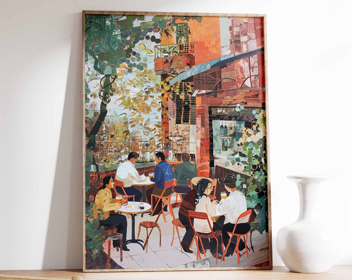 Vintage Café Terrace Mosaic Diners European Street Scene Poster