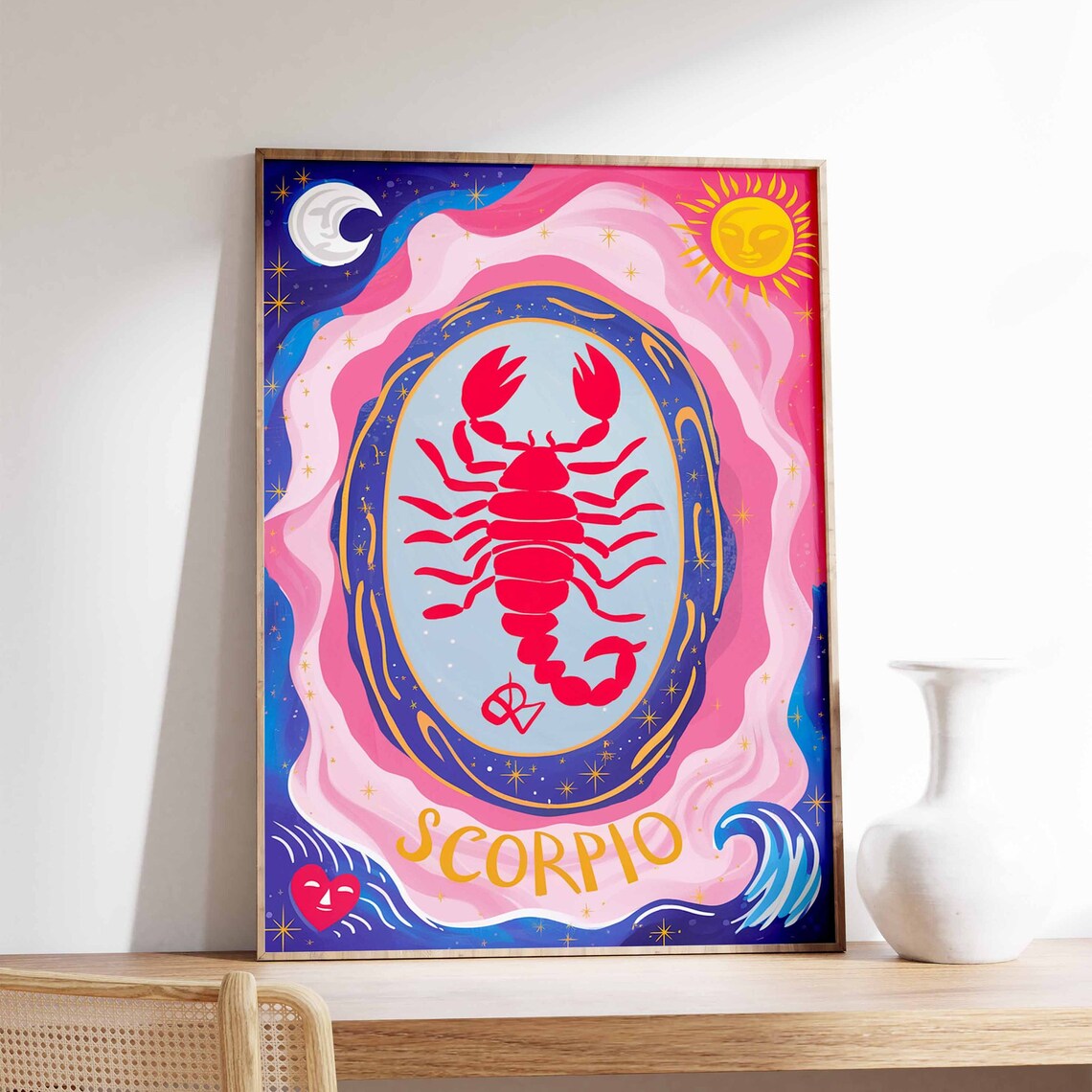 Scorpio Zodiac Scorpion Gold Letters Pink Blue Wave Art Poster