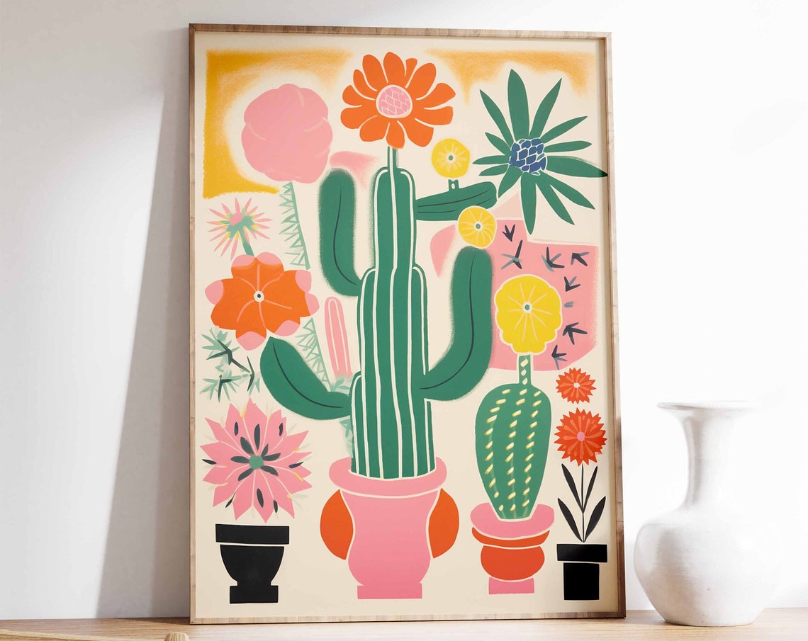 Vibrant Retro Mexican Cactus Blossom Mid Century Style Poster