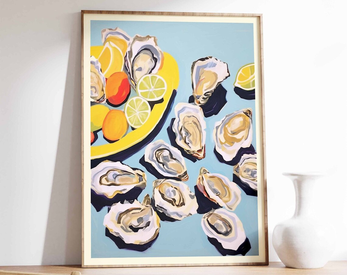Fresh Oysters Seafood Painted Lemon Citrus Coastal Kitchen Art Print
