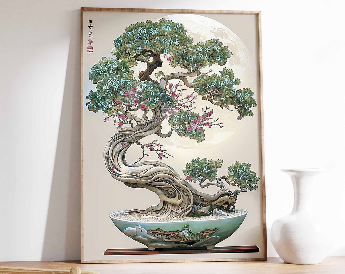 Japanese Bonsai Tree Full Moon Night Tranquil Celadon Zen Garden Print