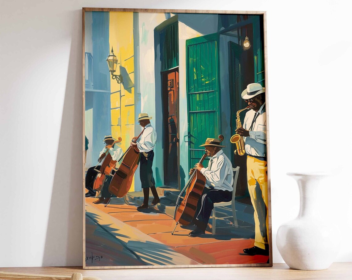 Street Jazz Musicians Playing Sax Cello in Old Town Art Poster