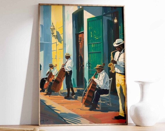 Street Jazz Musicians Playing Sax Cello in Old Town Art Poster