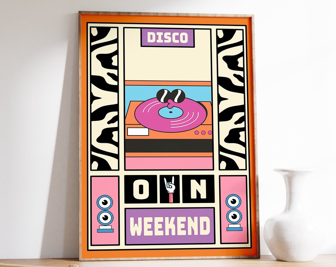 Disco On Weekend Retro Zebra Turntable Pop Art Typography Poster