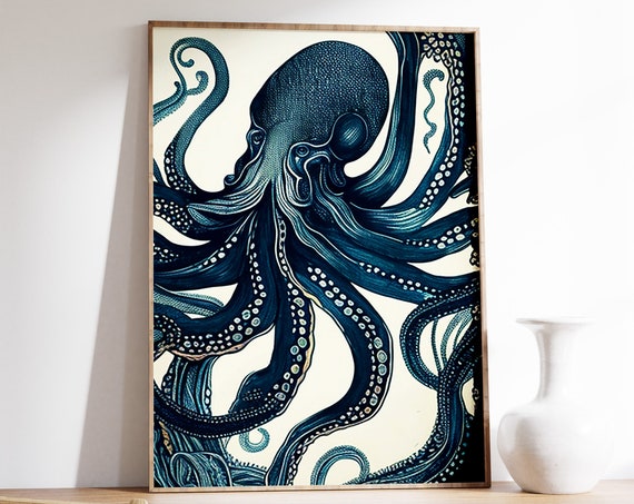 Vintage Octopus Poster, Retro Sea Life Art Print