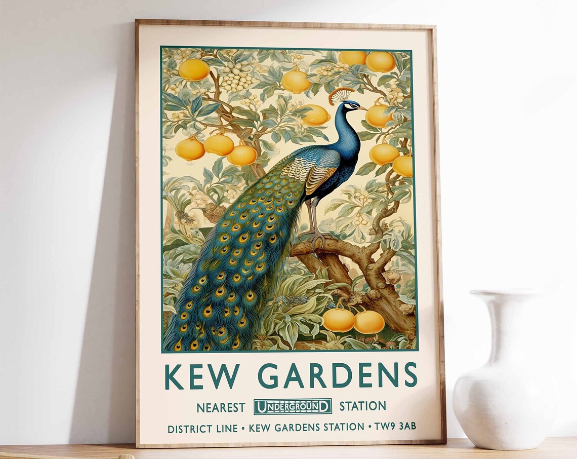 Kew Gardens London Peacock Vintage Underground Railway Travel Poster