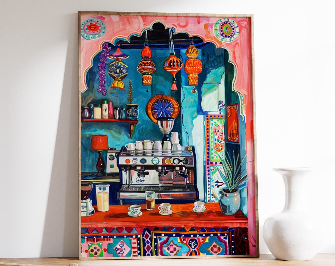 Colorful Indian Cafe Espresso Machine Lantern Illustration Poster