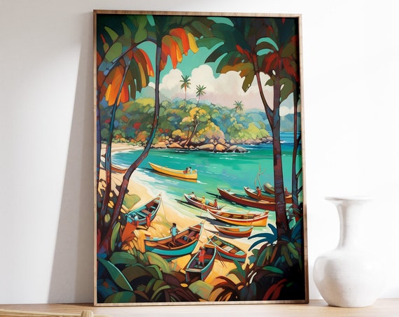 Caribbean Tropical Cove Colorful Fishing Boats Beach Painting Poster