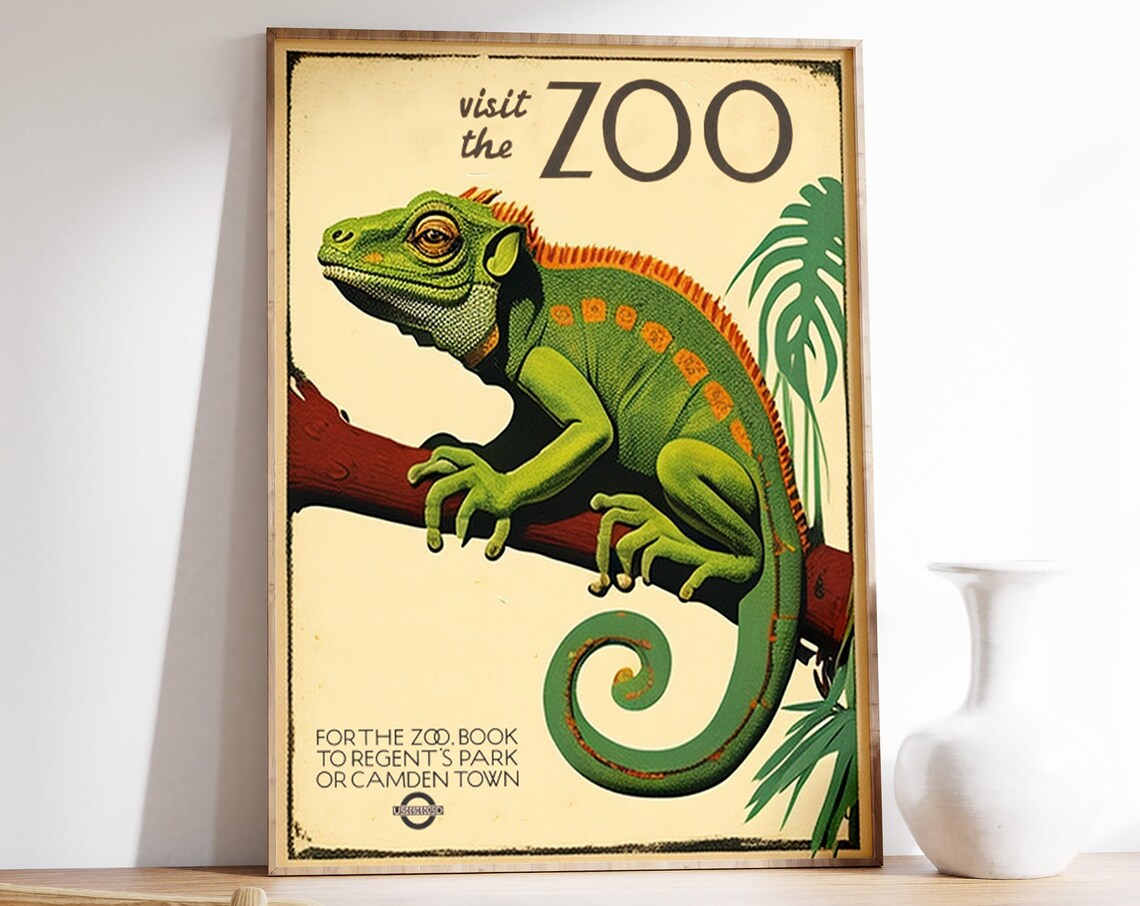 Visit The Zoo Vintage Iguana Regent's Park London Travel Poster