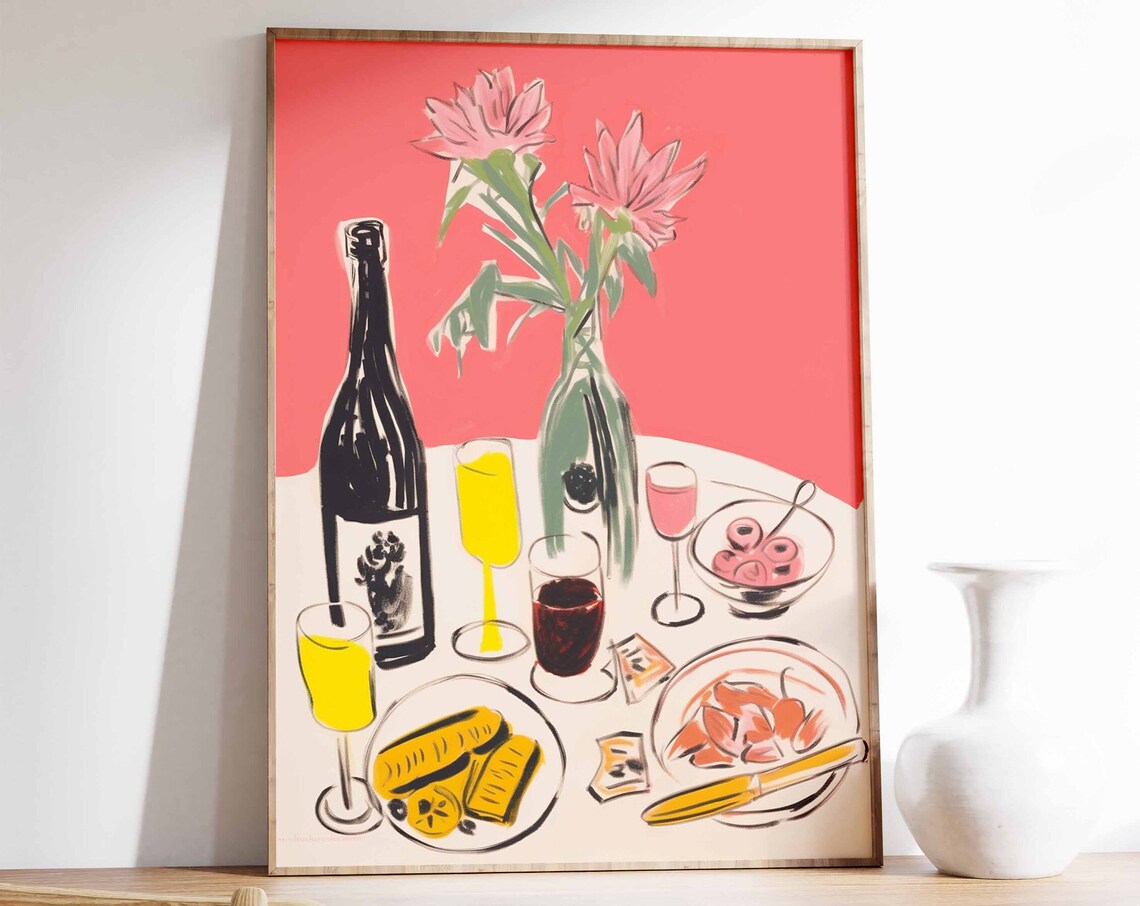 Dinner Party Festive Table Wine Champagne Flowers Modern Art Poster