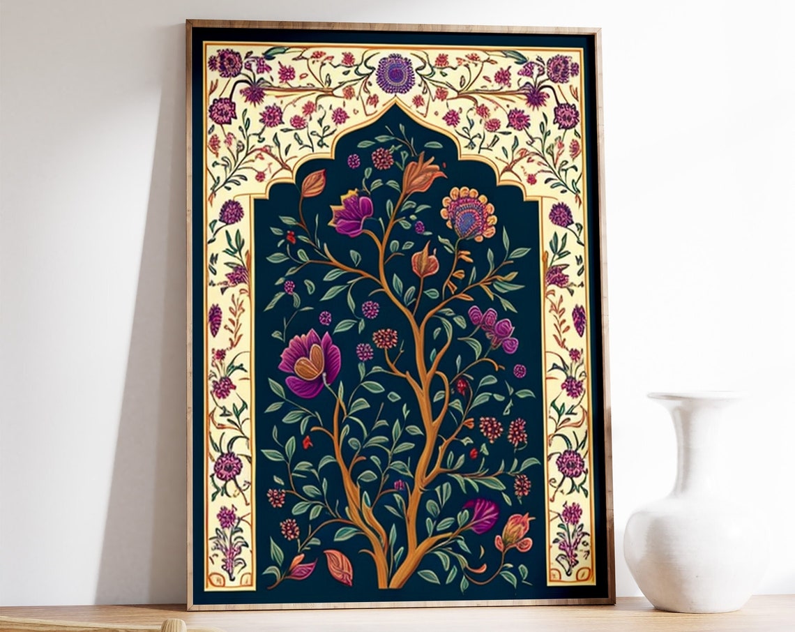 Indian Floral Arch Print with Tree on Dark Blue Vintage Style