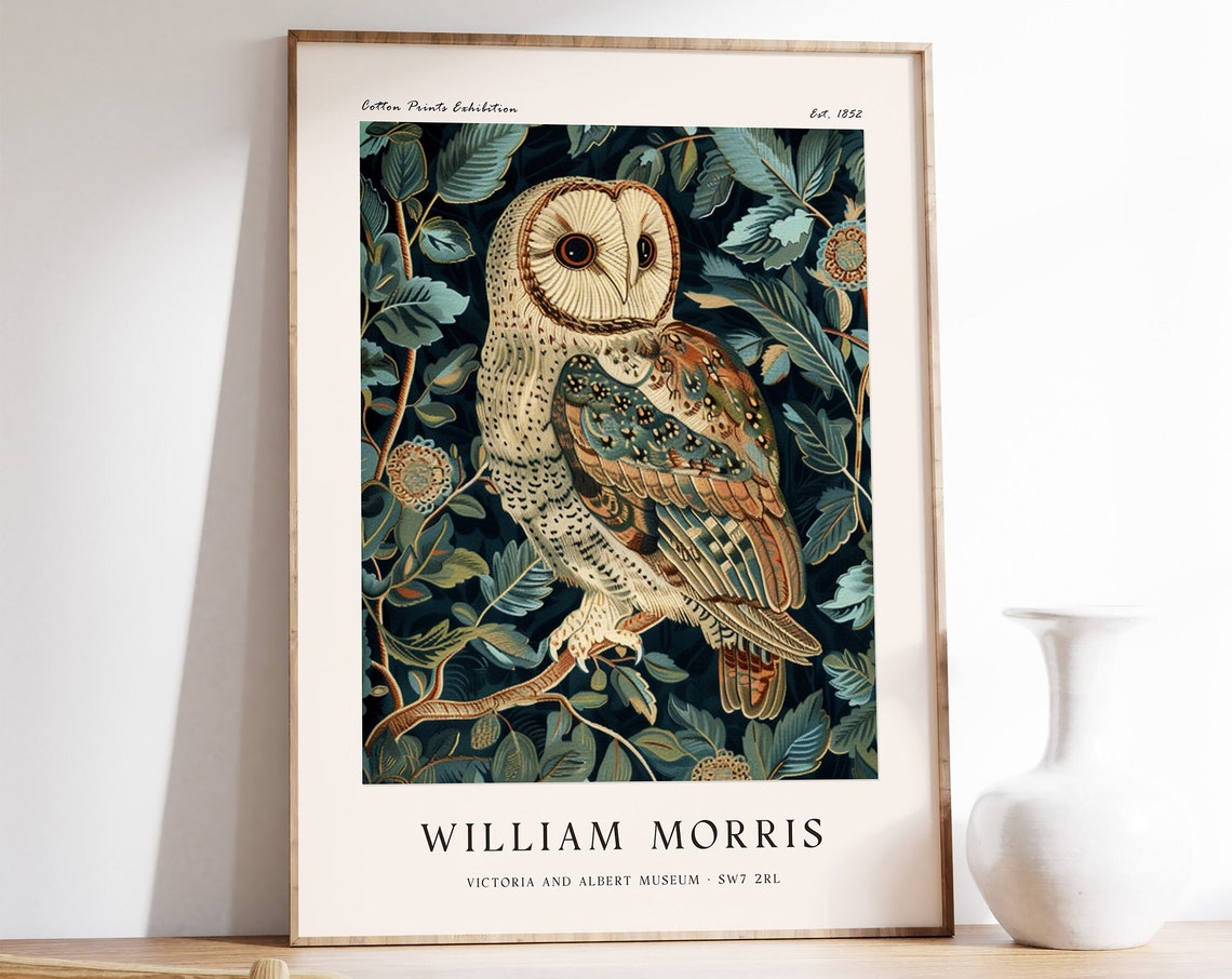 William Morris Barn Owl on Branch Cotton Prints Exhibition Poster