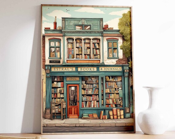 Estral's Books and Journals Vintage Bookstore Storefront Illustration Poster