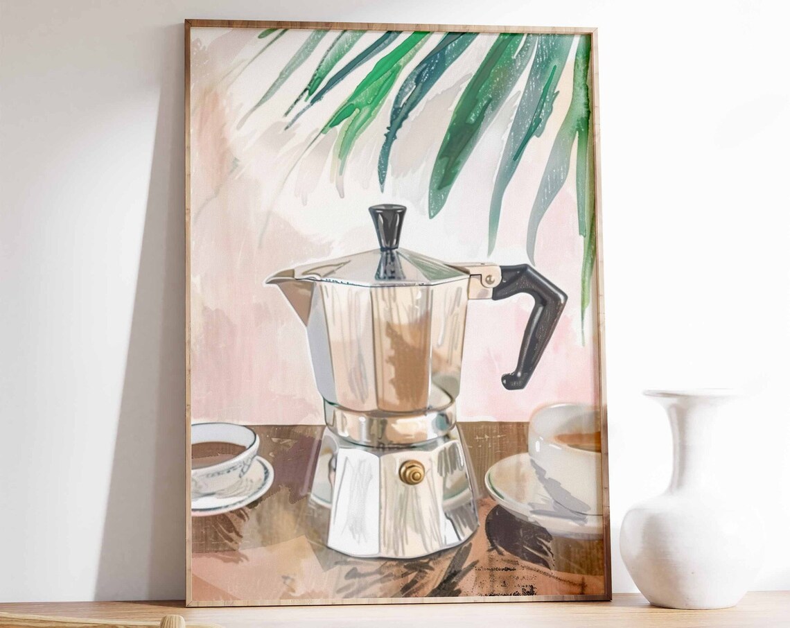 Italian Moka Pot Coffee Poster Soft Pink Watercolor Kitchen Wall Decor