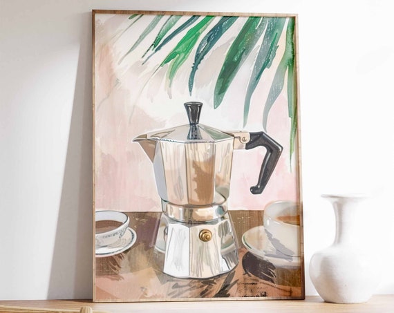 Vintage Italian Coffee Print Retro Coffee Poster Moka Pot Print Boho Floral Print Food And Drink Art Kitchen Decor Coffee Gift