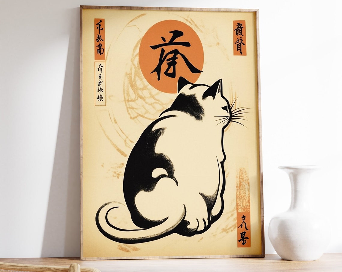Vintage Japanese Cat Under Red Sun Woodblock Style Art Poster