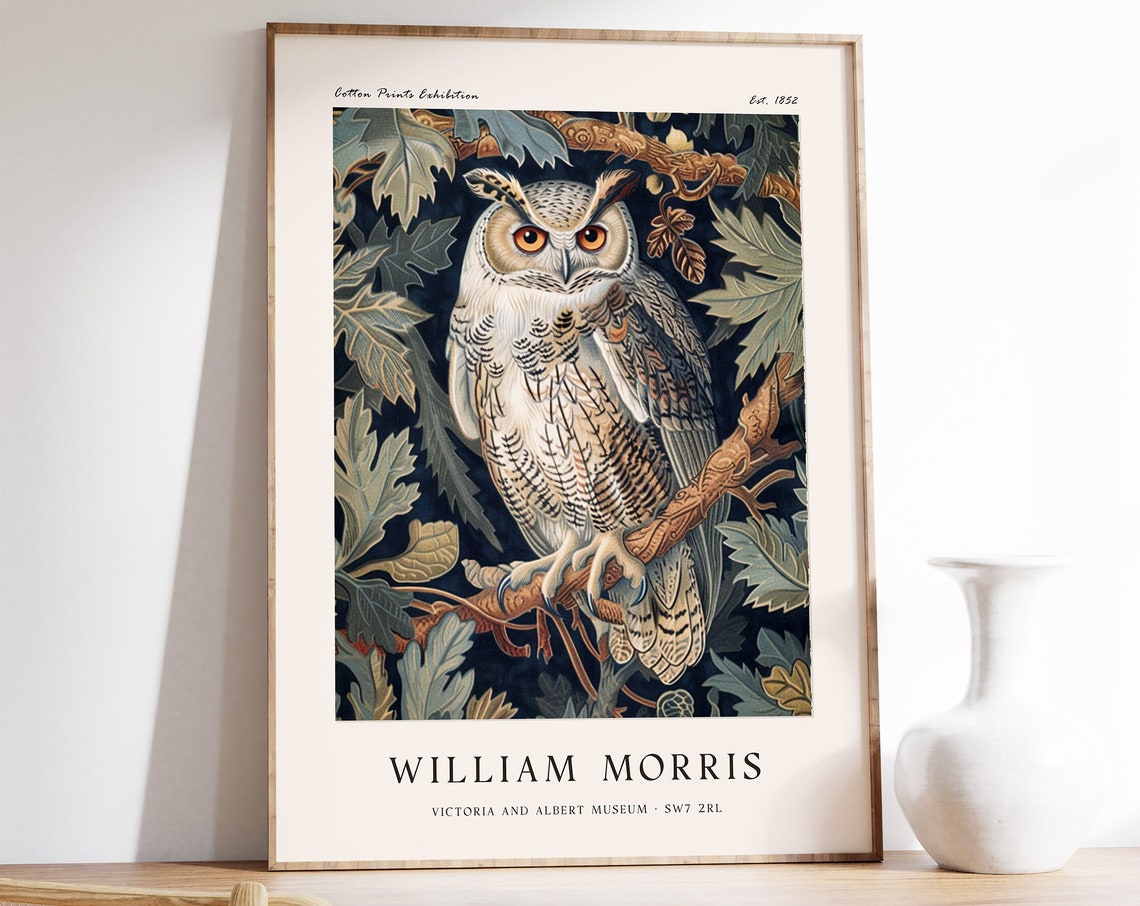 William Morris Great Horned Owl Woodland Botanical Night Style Poster
