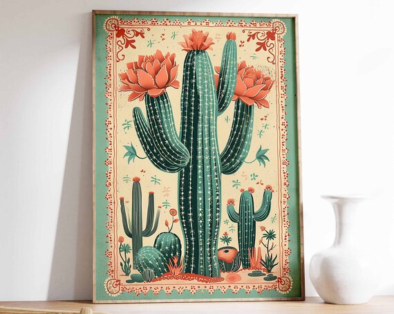 Mexican Saguaro Cactus Wall Art Vintage Folk Art Desert Blooms