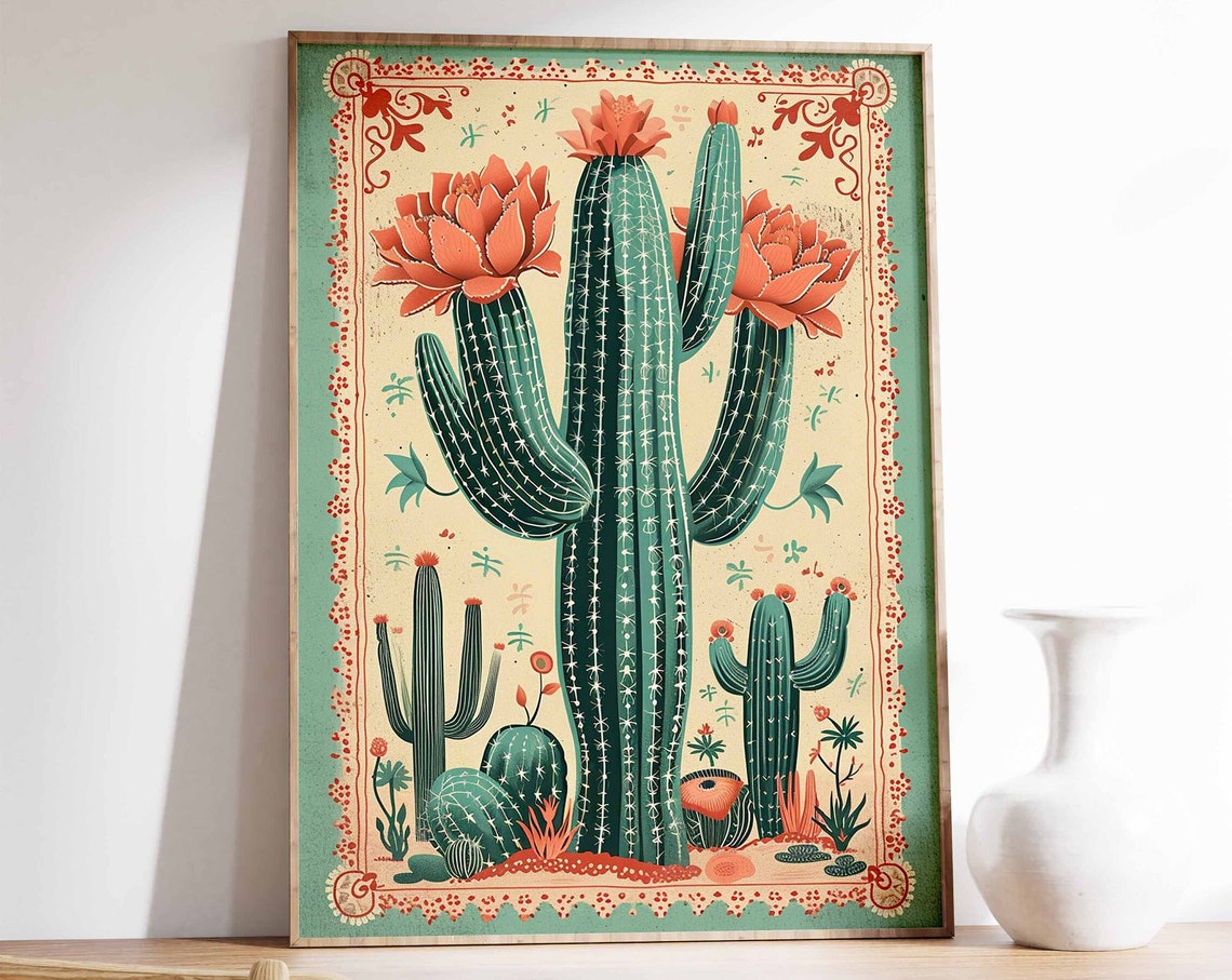 Mexican Saguaro Cactus Wall Art Vintage Folk Art Desert Blooms