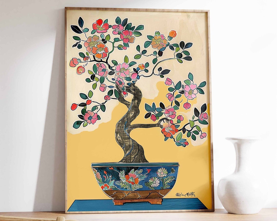 Flowering Bonsai Tree Japanese Floral Botanical Wall Decor Poster