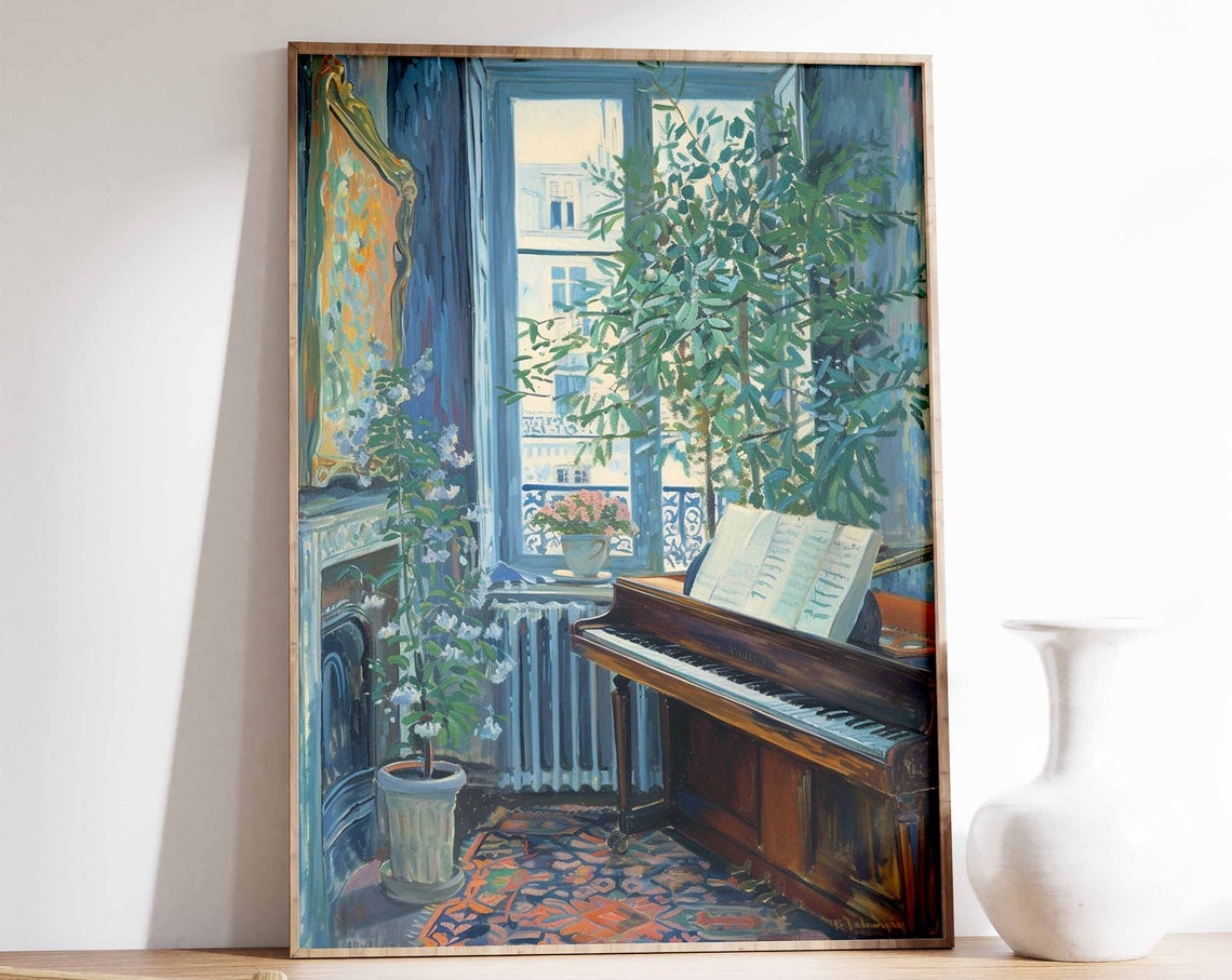 Grand Piano by Window Interior Plant Painted Music Room Art Poster