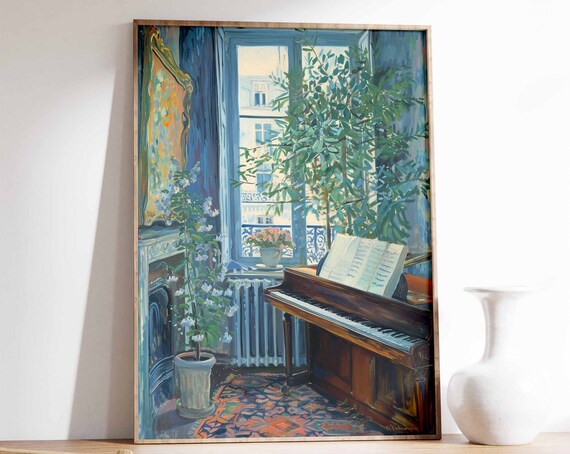 Grand Piano by Window Interior Plant Painted Music Room Art Poster