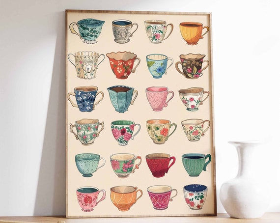 Vintage Teacup Print Retro Coffee Poster Food Print Kitchen Decor Cafe Art Vintage Food Print Tea Decor Vintage Decor