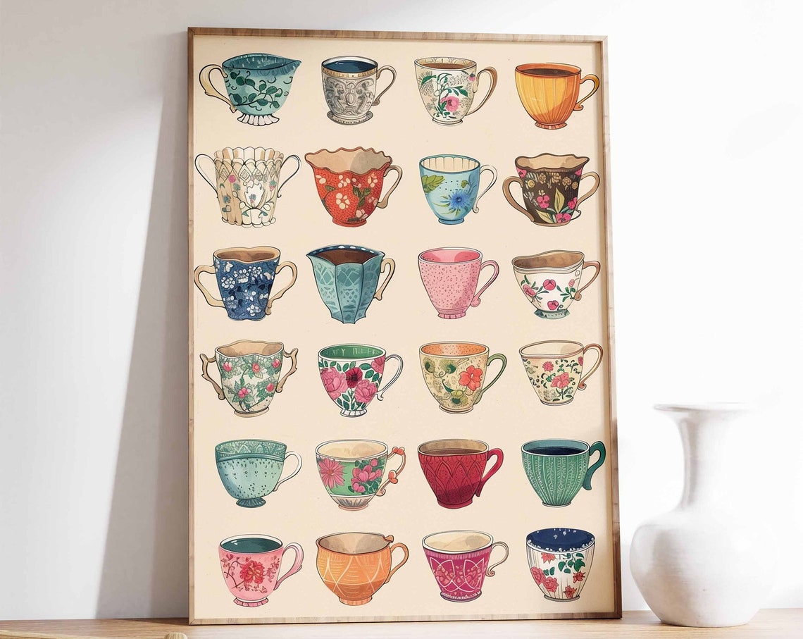 Vintage Illustrated Teacup Collection Grid Tea Lover Art Poster