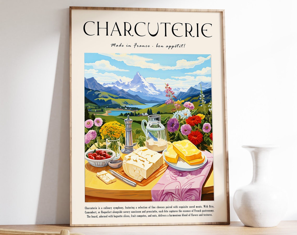 Charcuterie French Cheese Board Alpine Scene Vibrant Rustic Poster