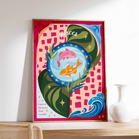 Pisces Zodiac Two Fish Blue Starry Circle Pink Waves Art Poster