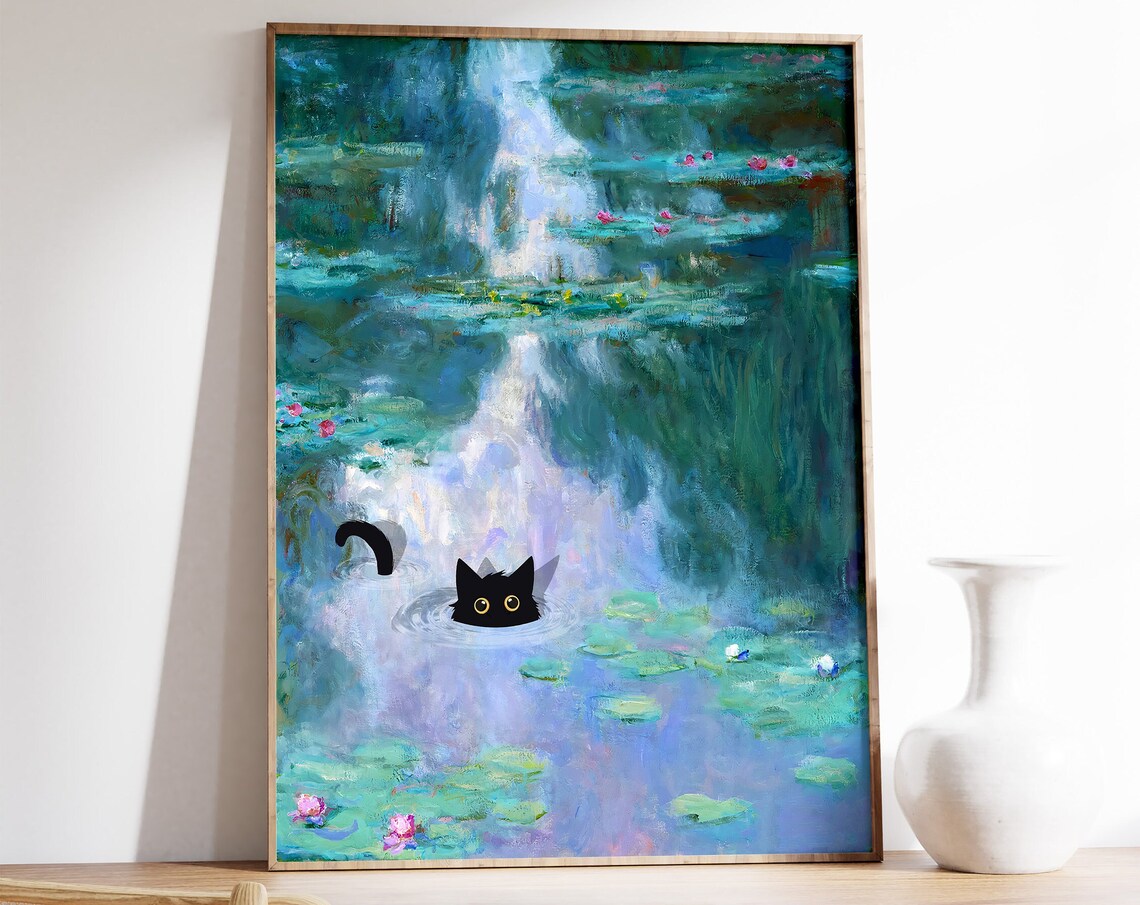 Black Cat Swimming Monet Water Lilies Funny Animal Art Poster
