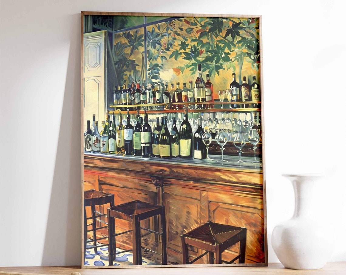Retro Cocktail Bar Vintage Bottles Glasses Art Kitchen Poster