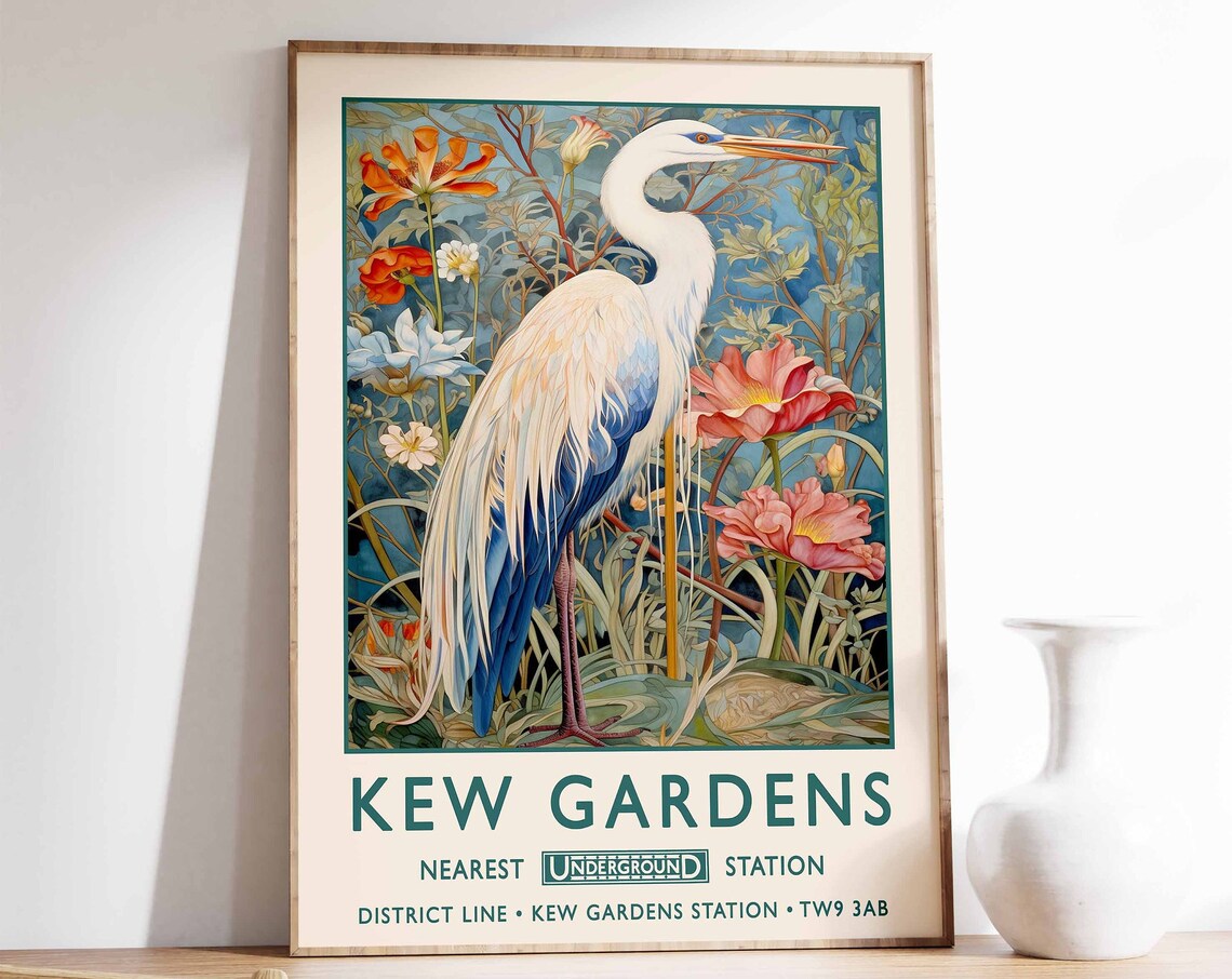 Kew Gardens Heron Poppies Vintage Underground Botanical Poster