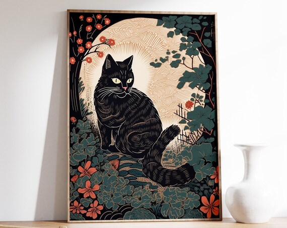 Japanese Black Cat Full Moon Vintage Woodblock Style Art Print