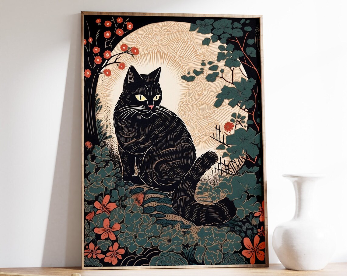 Japanese Black Cat Full Moon Vintage Woodblock Style Art Print
