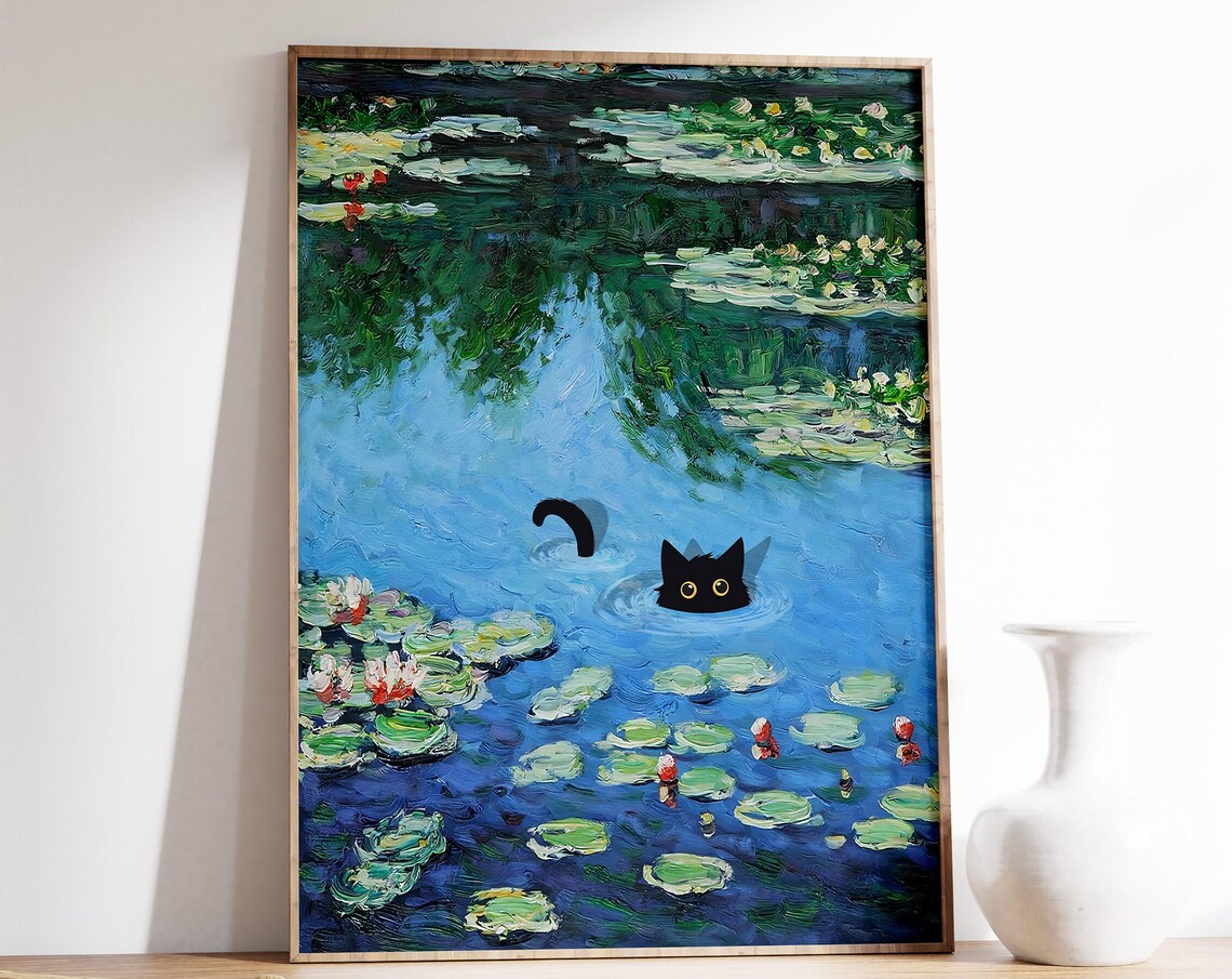 Monet Waterlily Cat Floral Wall Art Print