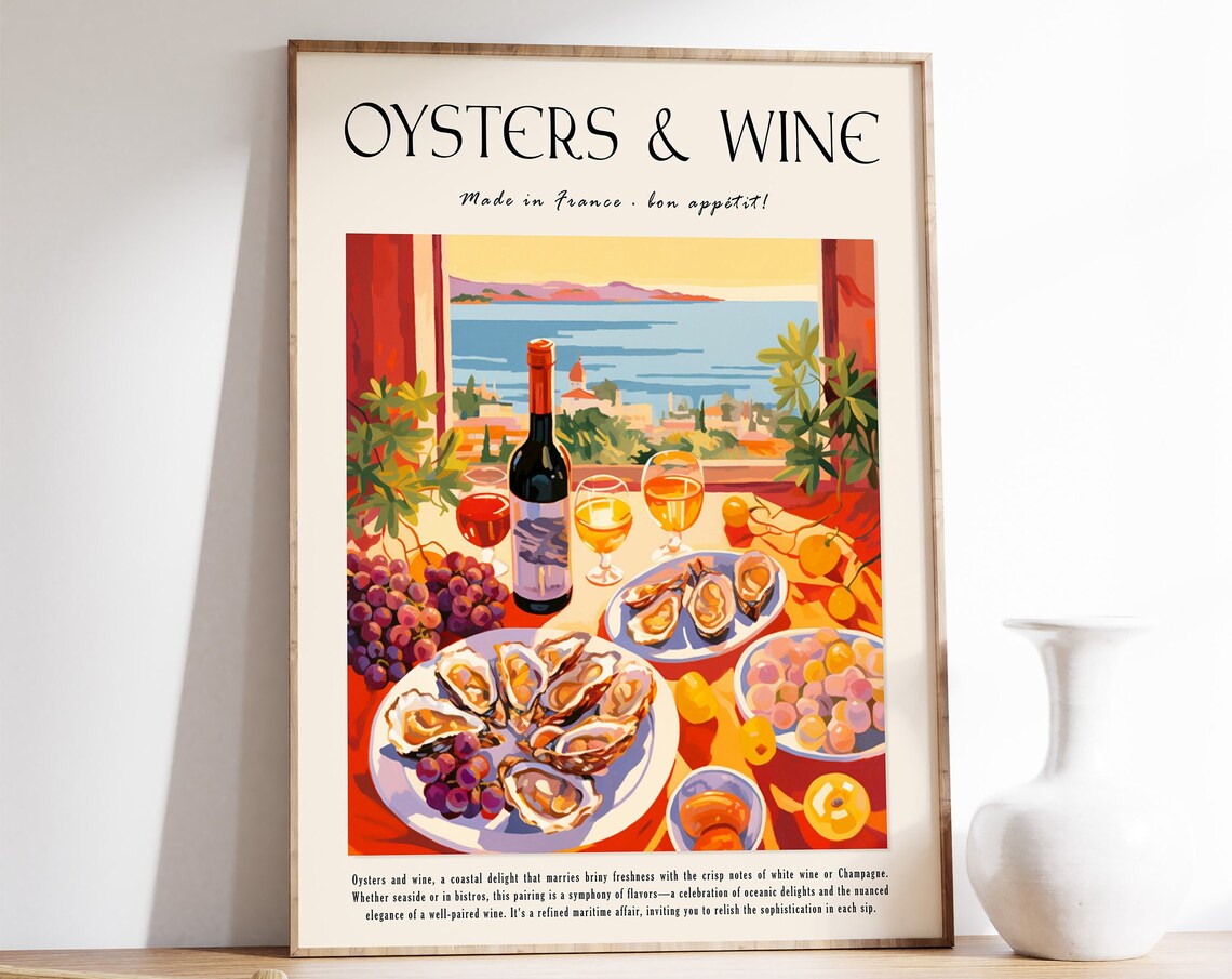 Oysters And Wine Made In France Kitchen Coastal Art Poster Gift