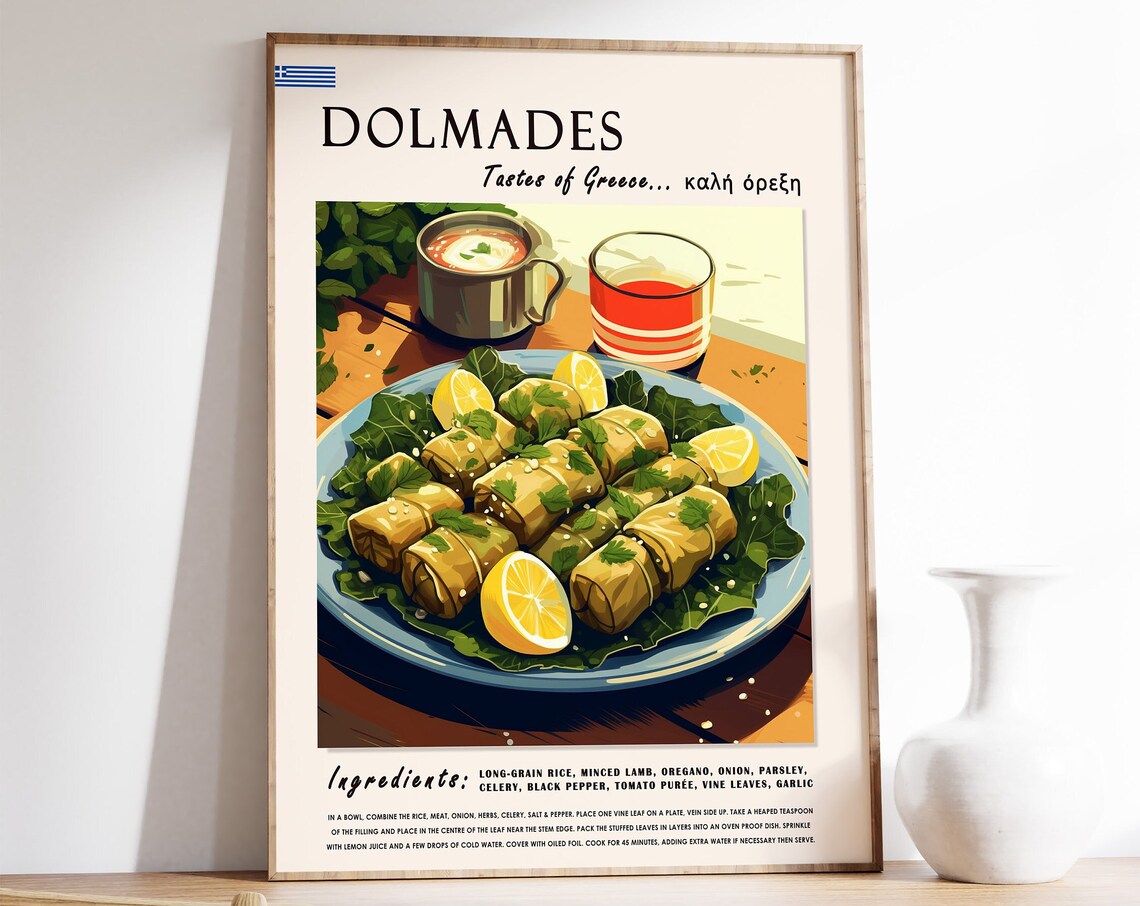 Greek Dolmades Food Poster, Mediterranean Kitchen Art