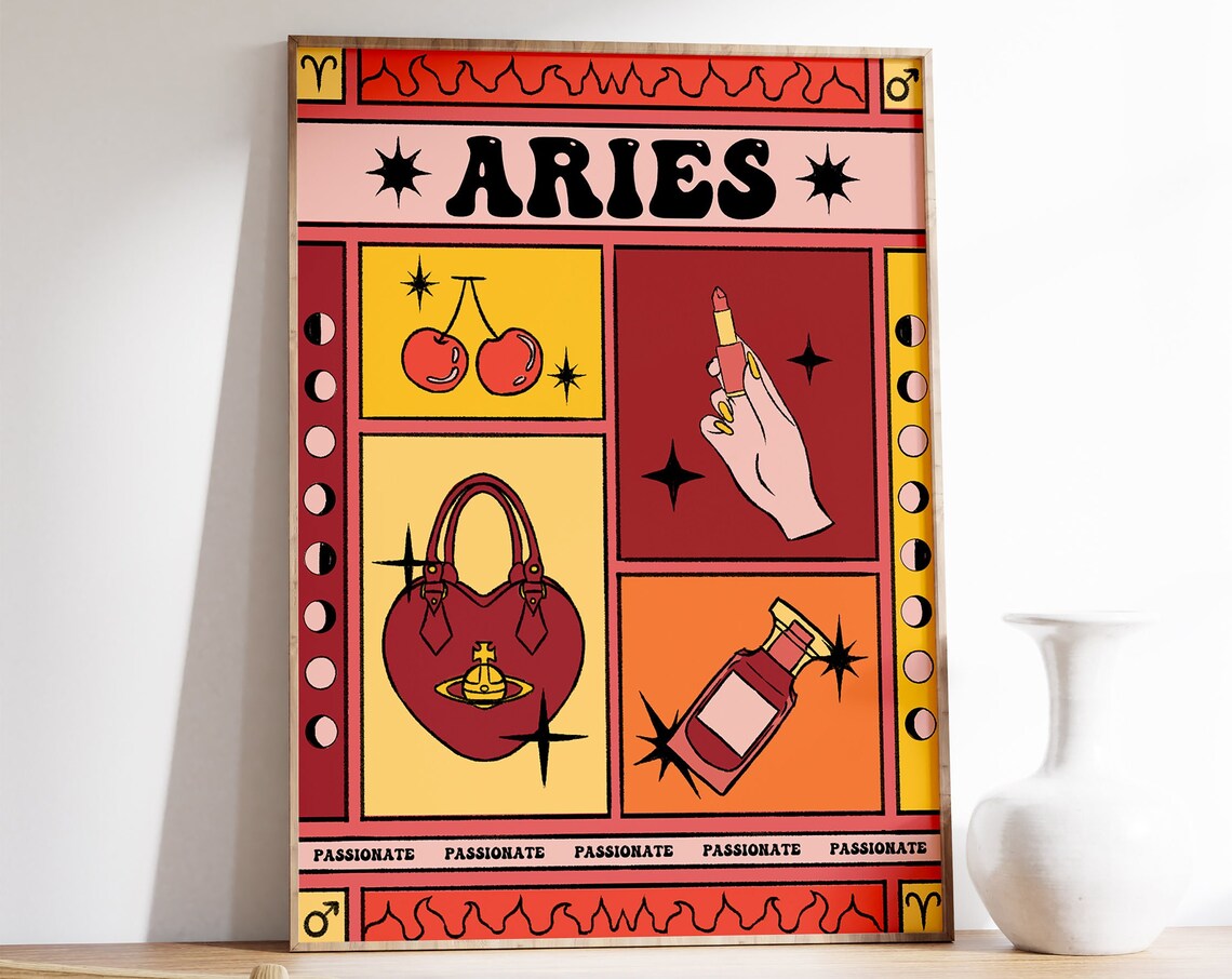 Aries Zodiac Star Sign Retro Pop Art Poster Cherries Lipstick Passionate